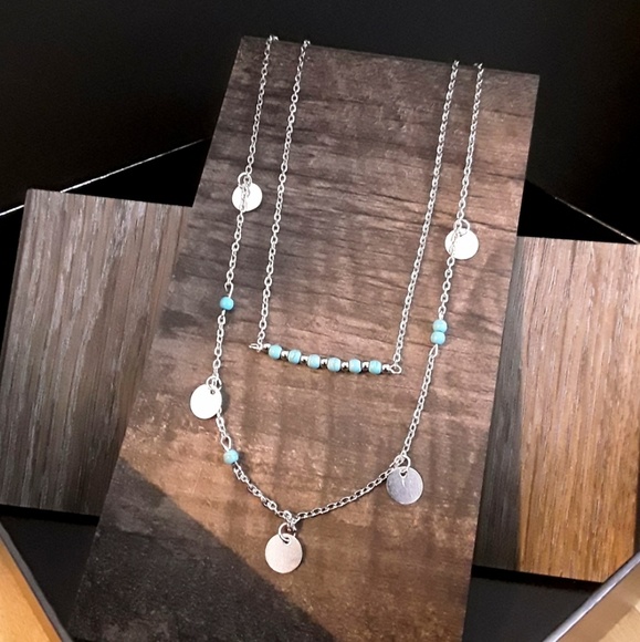 D17 NEW Silvetone BOHO Turquoise Necklace - Picture 1 of 4